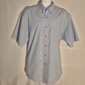 Van Heusen short sleeved button front shirt, blue & white pinstripe size LG.